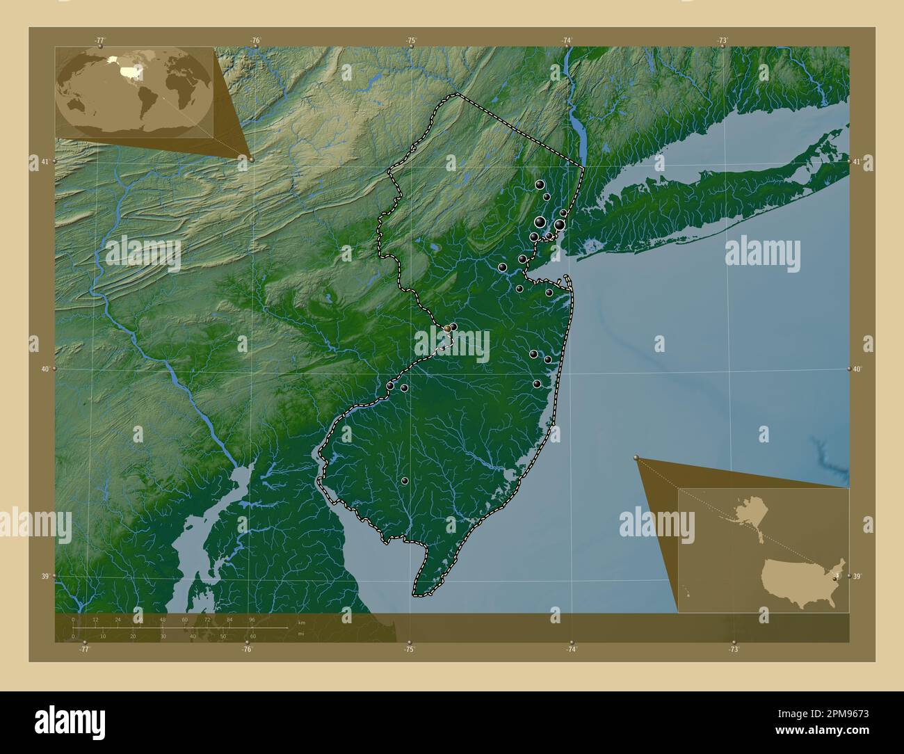 New Jersey, state of United States of America. Colored elevation map