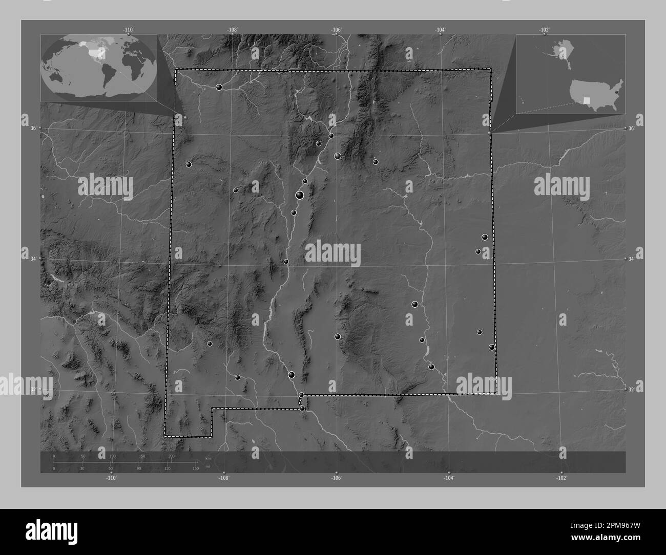 New Mexico, state of United States of America. Grayscale elevation map with lakes and rivers