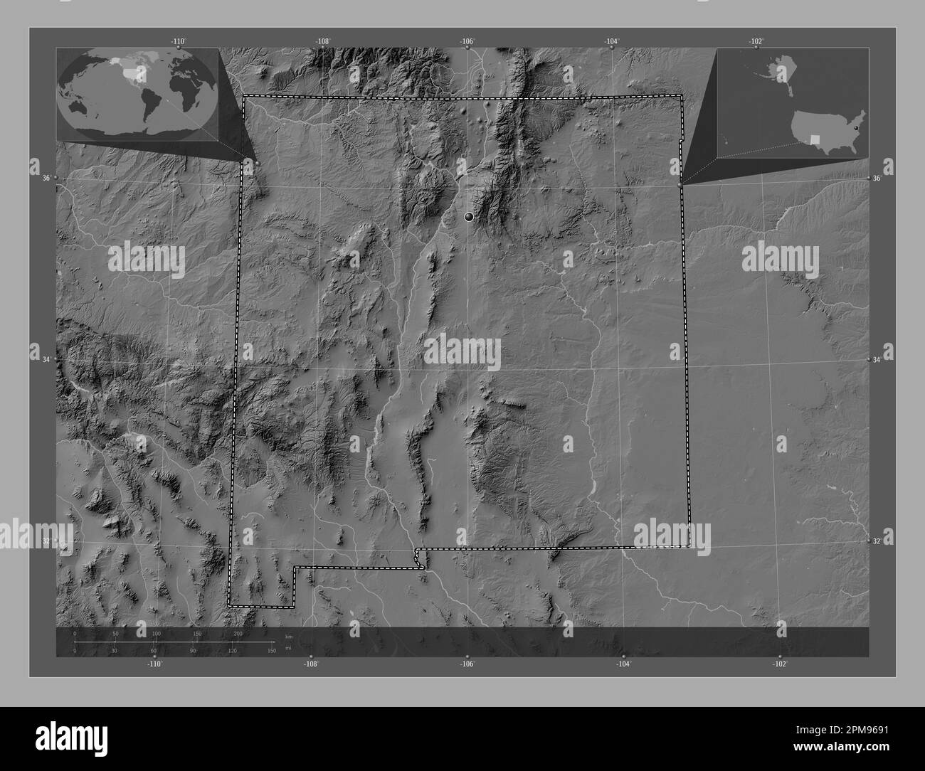 New Mexico, state of United States of America. Bilevel elevation map