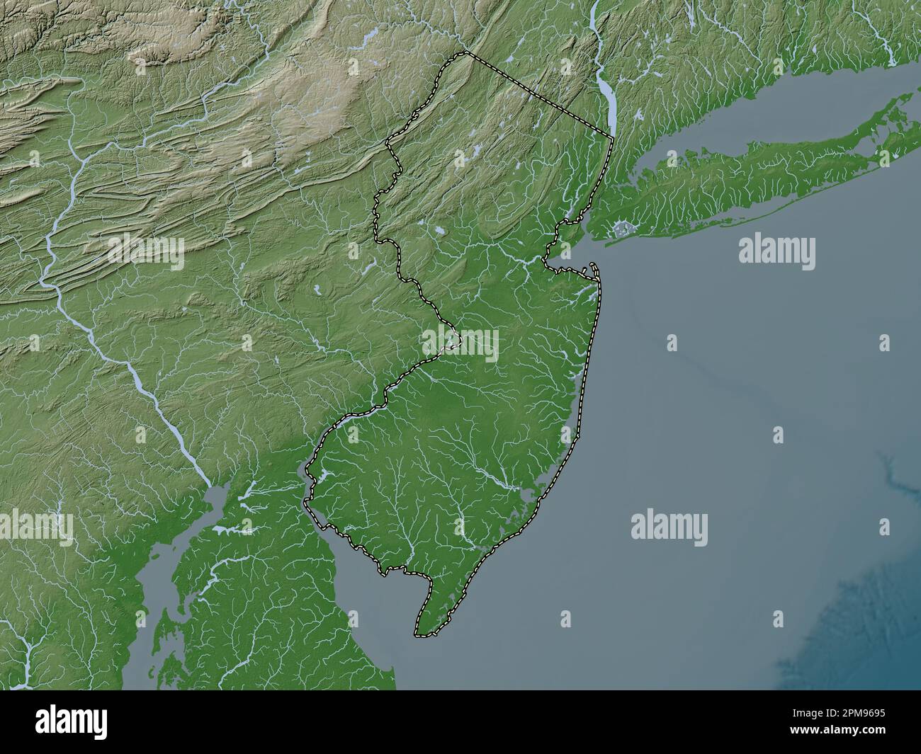 New Jersey, state of United States of America. Elevation map colored in