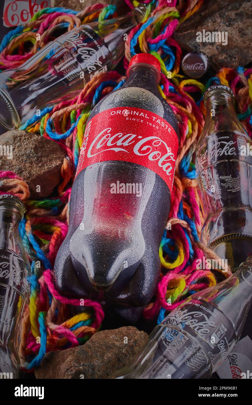 Mansfield,Nottingham,United Kingdom:Studio product image of different bottles of Coca-Cola both empty and full. Stock Photo