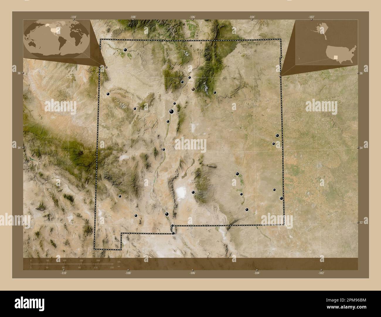 New Mexico, state of United States of America. Low resolution satellite map. Locations of major cities of the region. Corner auxiliary location maps Stock Photo