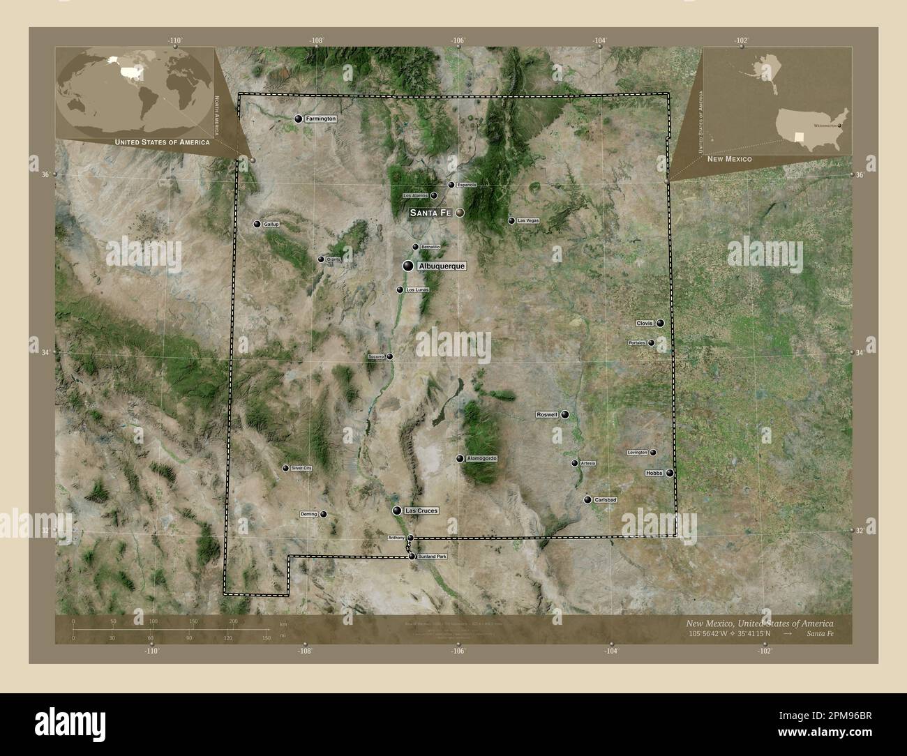 New Mexico, state of United States of America. High resolution satellite map. Locations and names of major cities of the region. Corner auxiliary loca Stock Photo