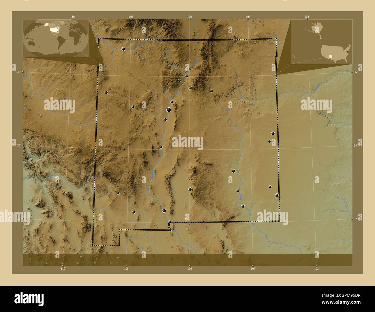 New Mexico, state of United States of America. Colored elevation map