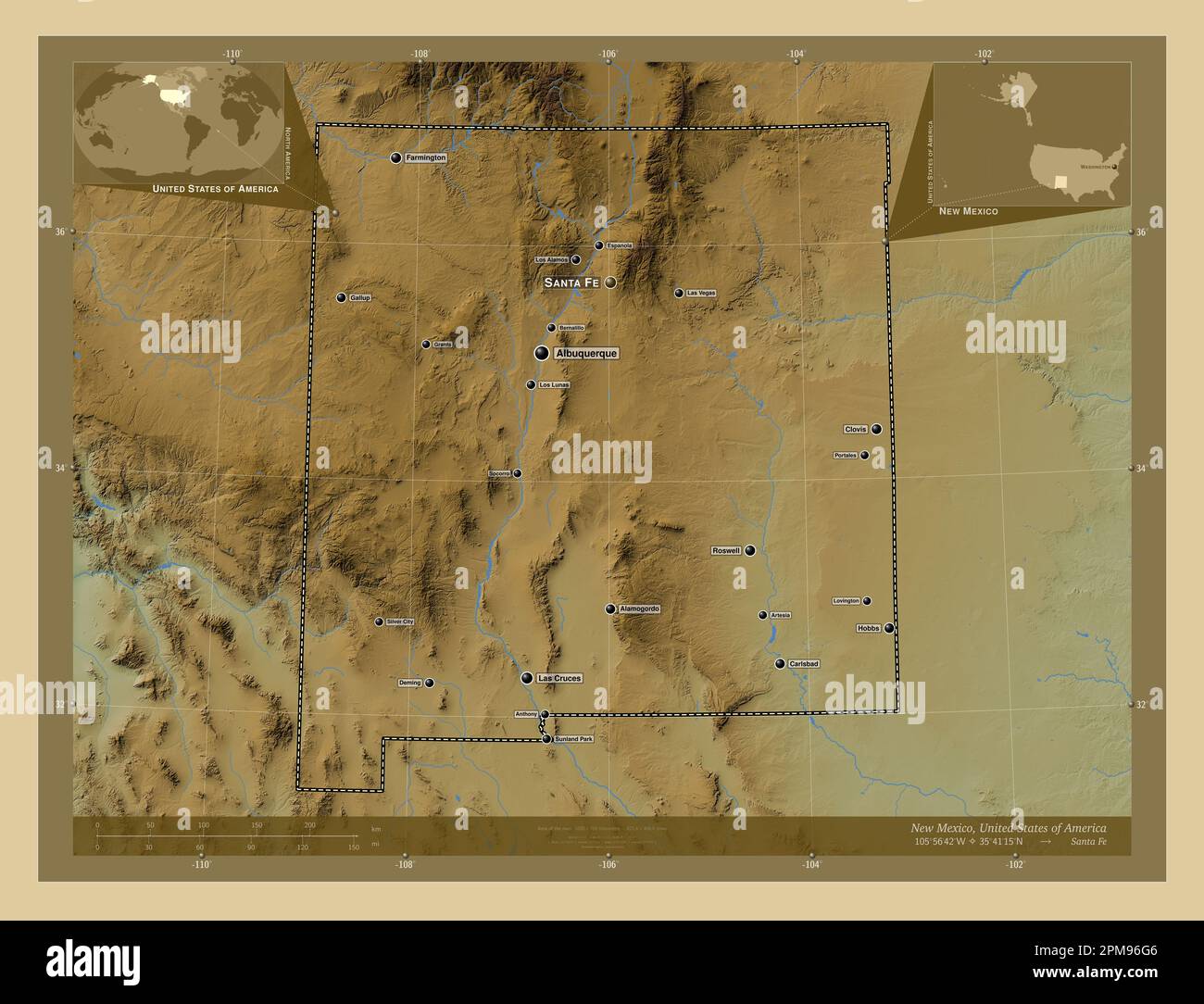 New Mexico State Of United States Of America Colored Elevation Map New Mexico State Of United States Of America Colored Elevation Map With Lakes And Rivers Locations And Names Of Major Cities Of The Region Corner 2PM96G6