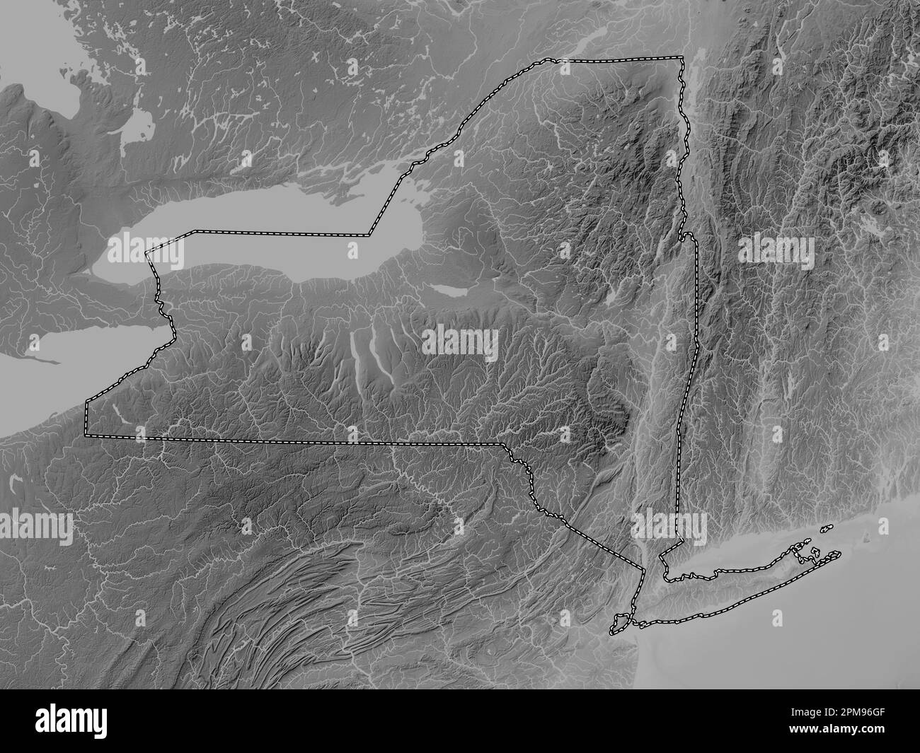 New York, state of United States of America. Grayscale elevation map with lakes and rivers Stock