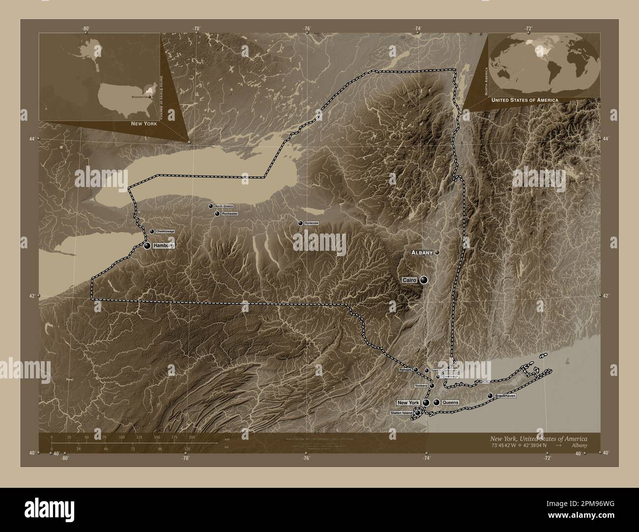 New York state of United States - New York State Of United States Of America Elevation Map Colored In Sepia Tones With Lakes And Rivers Locations And Names Of Major Cities Of The Re 2PM96WG 