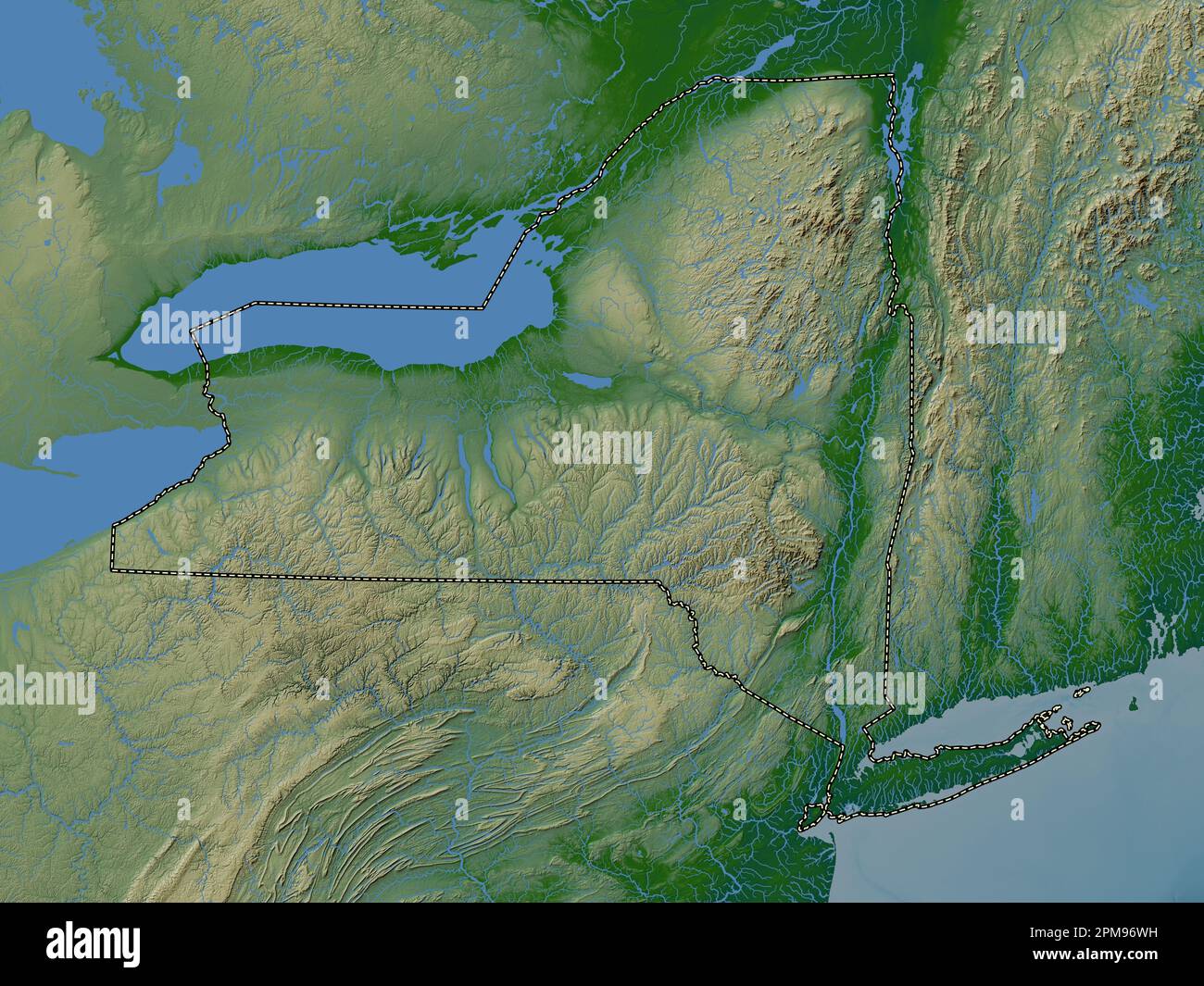 New York, state of United States of America. Colored elevation map with lakes and rivers Stock