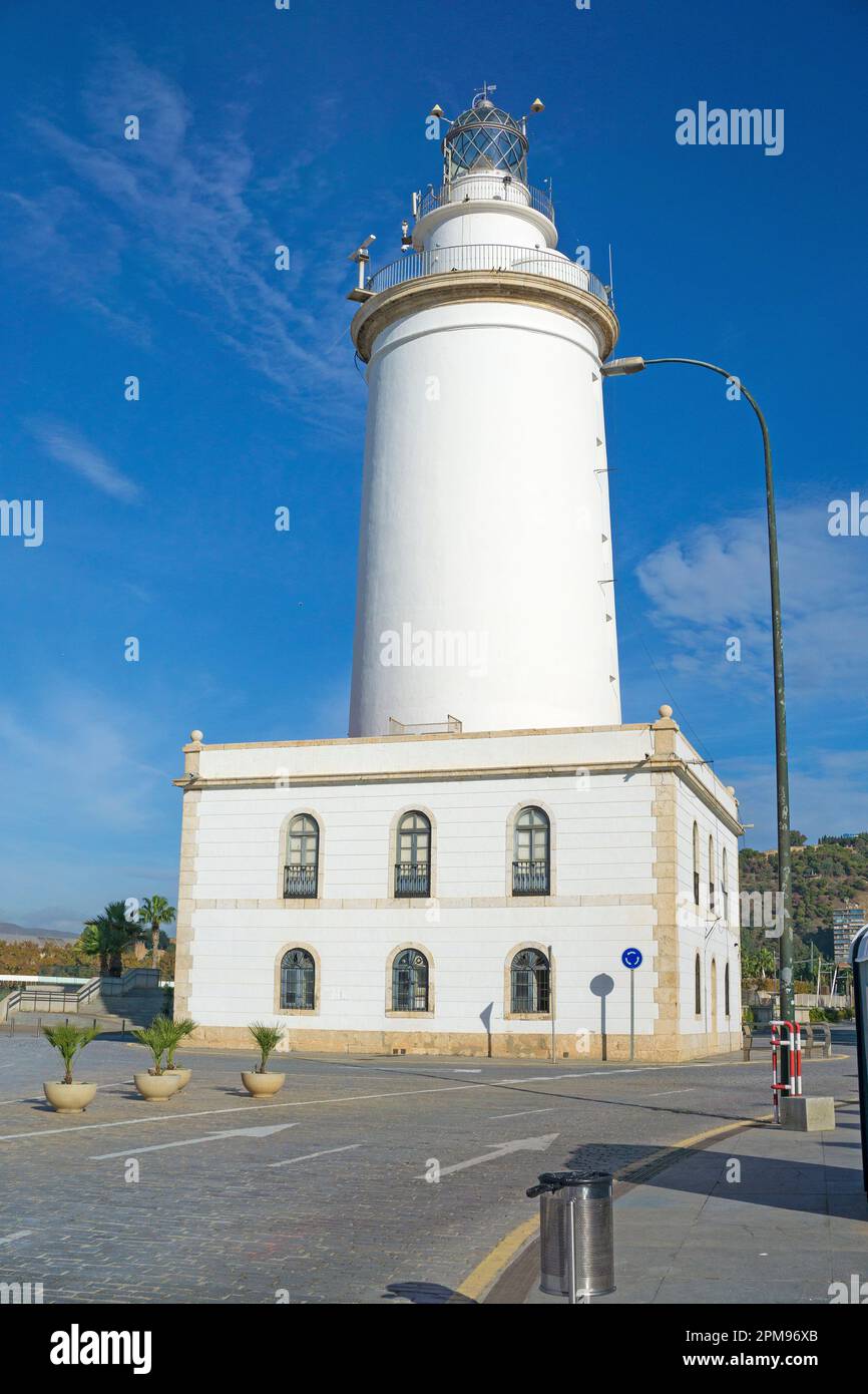 La Farola de Malaga, lighthouse at the entrance of Malaga harbour, Malaga, Andalusia, Costa del Sol, Spain, Europe Stock Photo