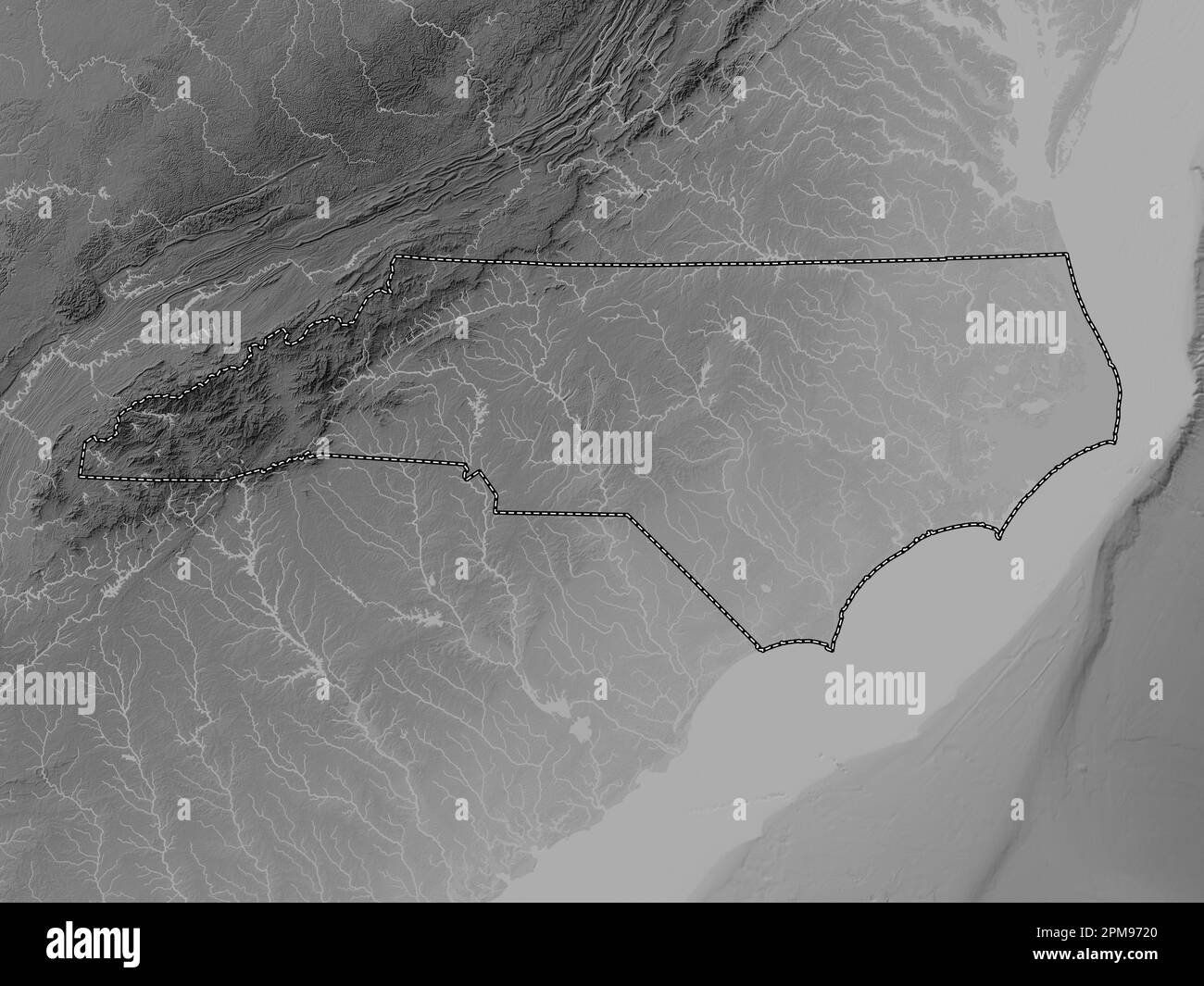 North Carolina, state of United States of America. Grayscale elevation map with lakes and rivers Stock Photo