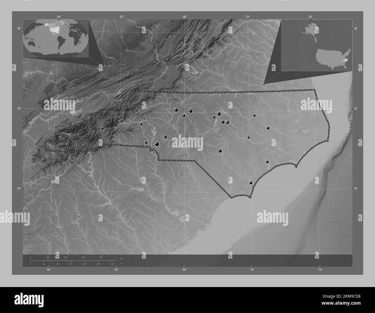 North Carolina, state of United States of America. Grayscale elevation