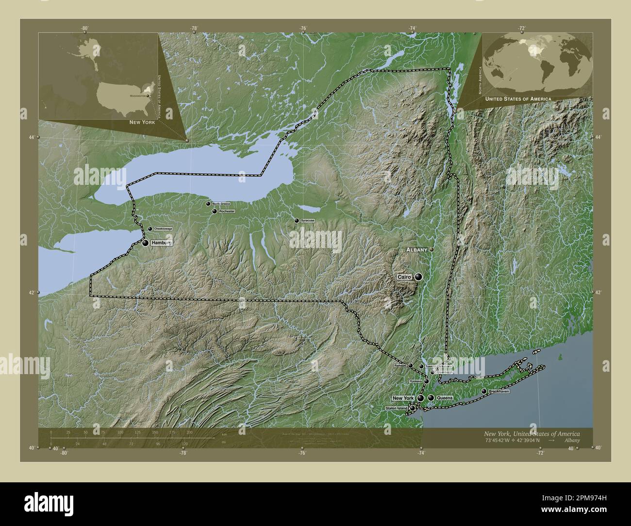 New York state of United States - New York State Of United States Of America Elevation Map Colored In Wiki Style With Lakes And Rivers Locations And Names Of Major Cities Of The Reg 2PM974H