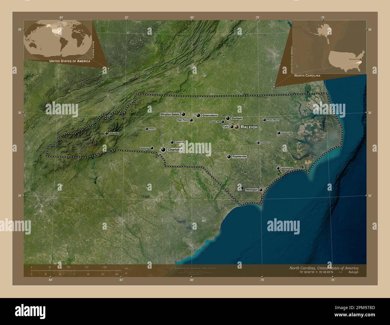 North Carolina, state of United States of America. Low resolution satellite map. Locations and names of major cities of the region. Corner auxiliary l Stock Photo