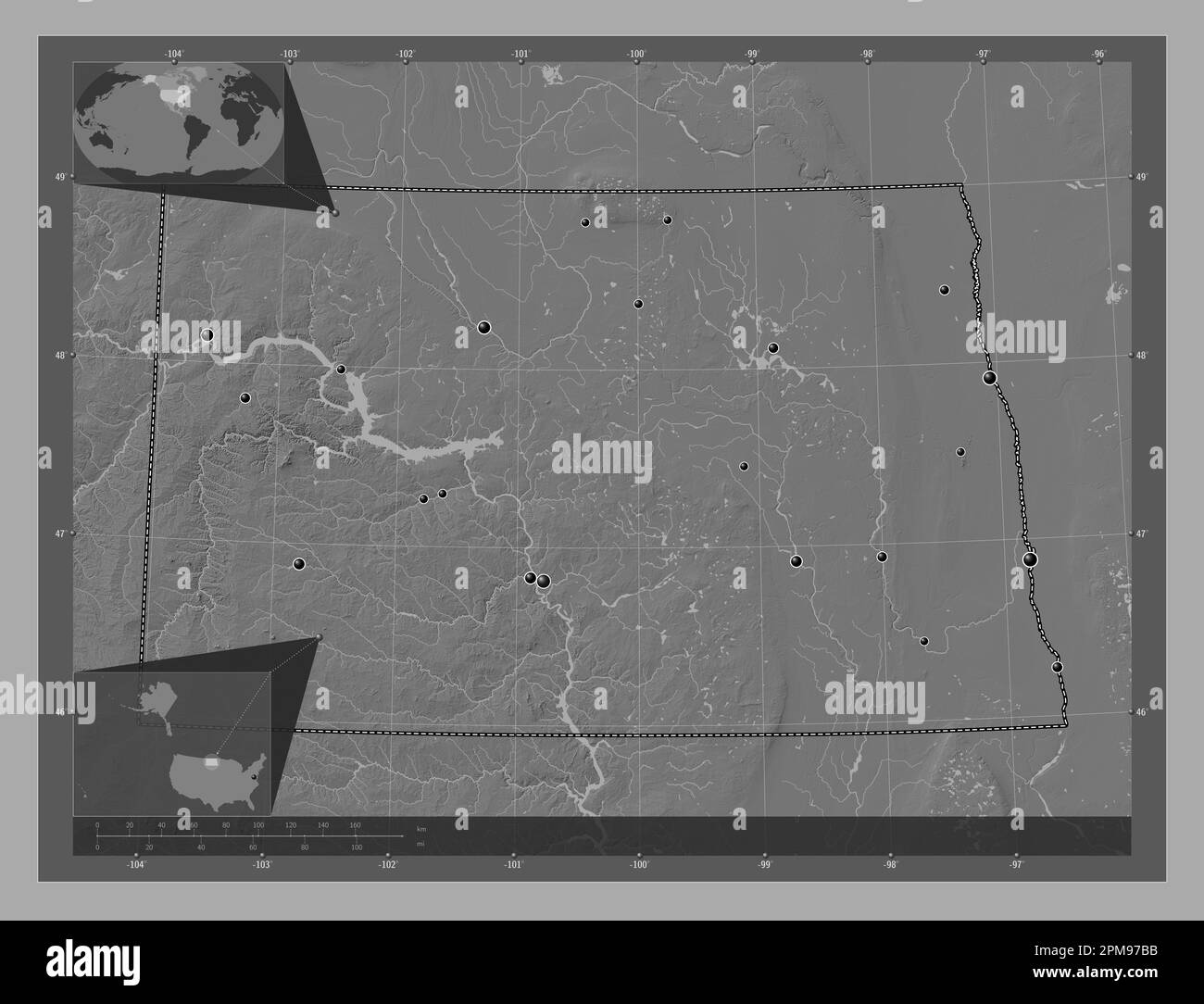 North Dakota state of United States - North Dakota State Of United States Of America Bilevel Elevation Map With Lakes And Rivers Locations Of Major Cities Of The Region Corner Auxiliar 2PM97BB 