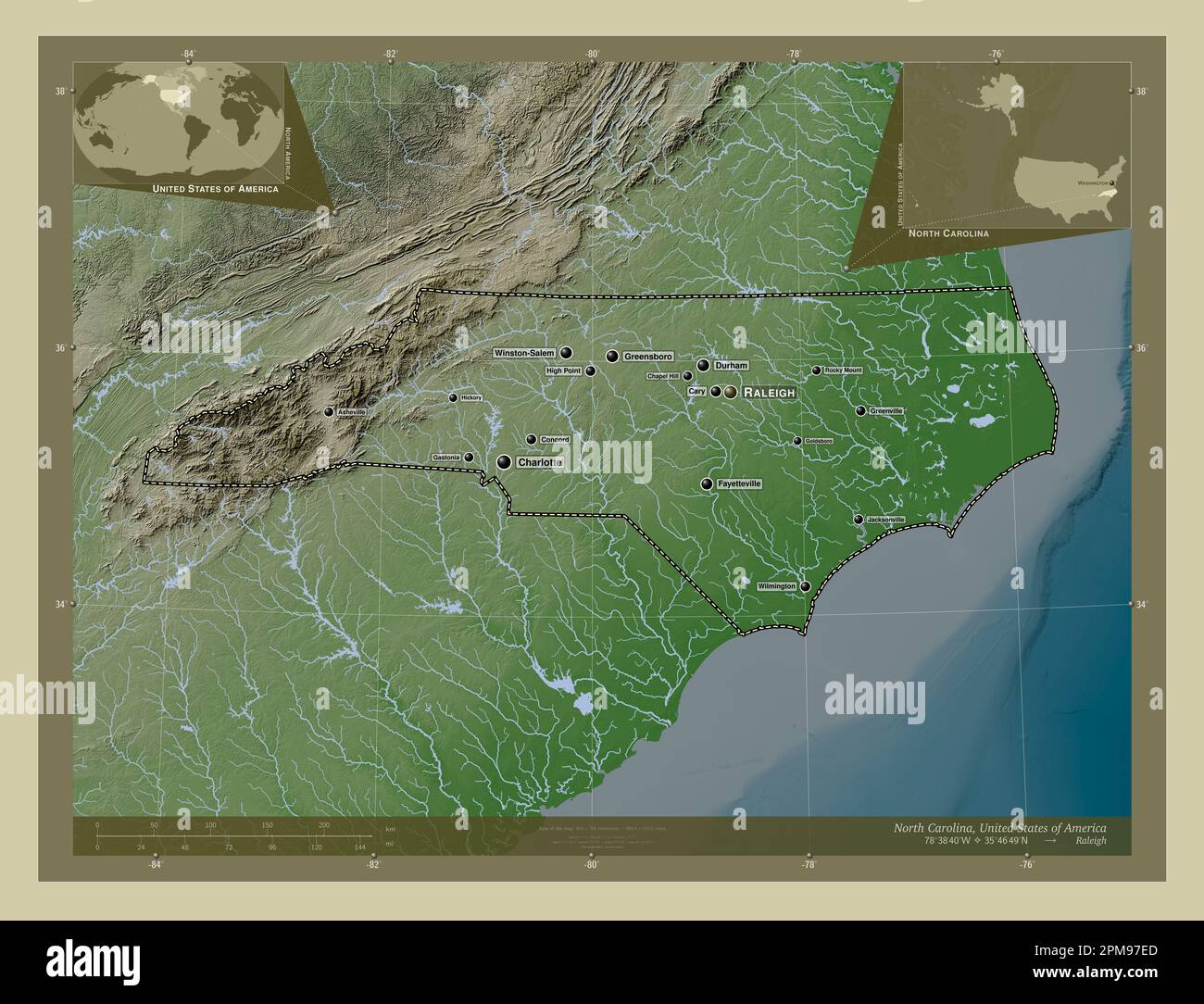 North Carolina, state of United States of America. Elevation map
