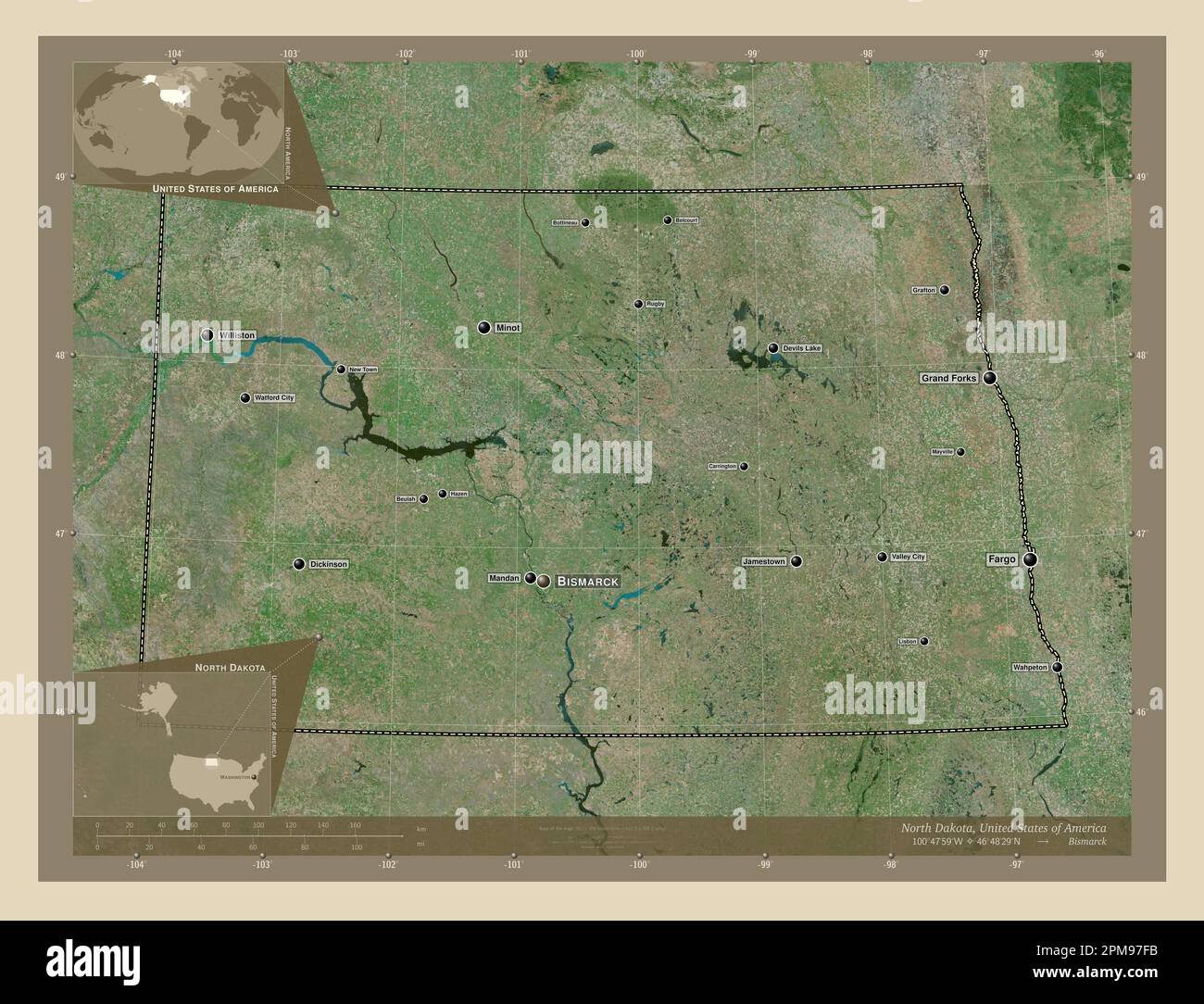 North Dakota State Of United States Of America High Resolution North Dakota State Of United States Of America High Resolution Satellite Map Locations And Names Of Major Cities Of The Region Corner Auxiliary Lo 2PM97FB