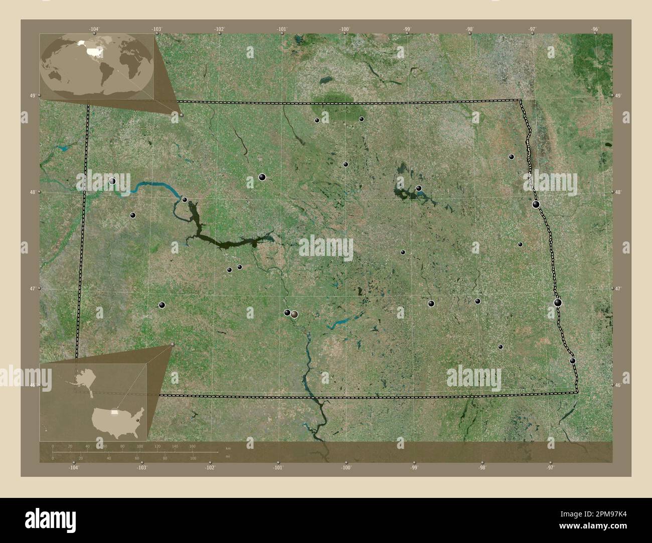 North Dakota State Of United States Of America High Resolution North Dakota State Of United States Of America High Resolution Satellite Map Locations Of Major Cities Of The Region Corner Auxiliary Location Map 2PM97K4 