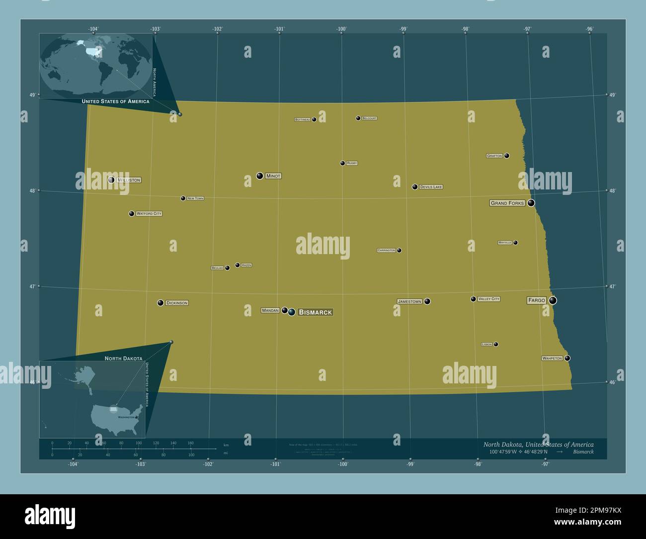 North Dakota state of United States - North Dakota State Of United States Of America Solid Color Shape Locations And Names Of Major Cities Of The Region Corner Auxiliary Location Maps 2PM97KX