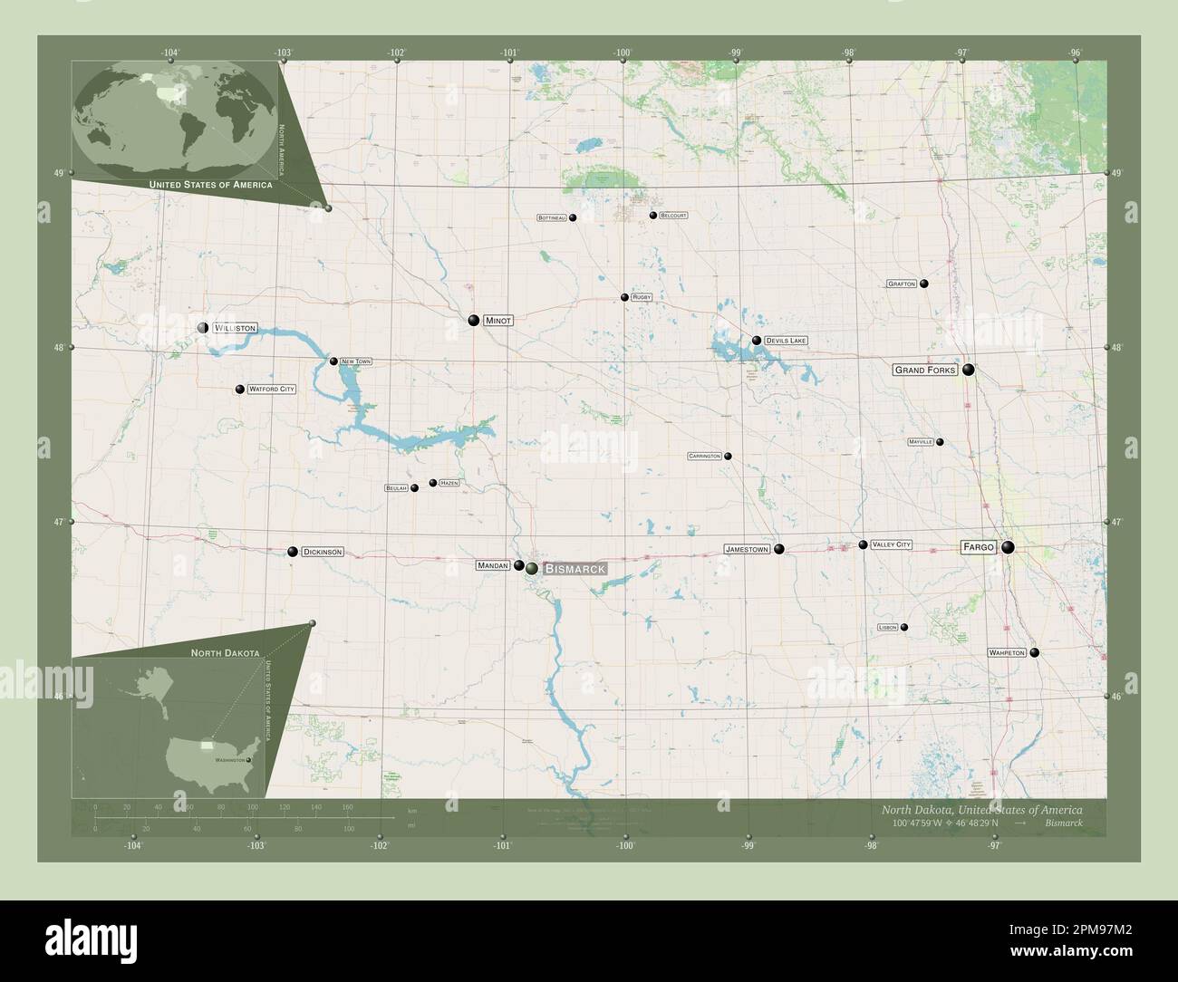 North Dakota state of United States - North Dakota State Of United States Of America Open Street Map Locations And Names Of Major Cities Of The Region Corner Auxiliary Location Maps 2PM97M2 