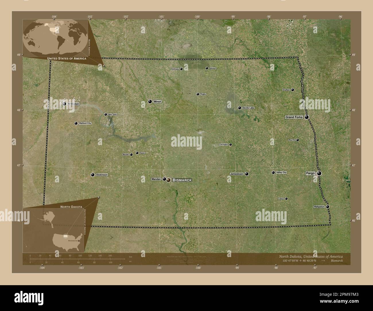 North Dakota State Of United States Of America Low Resolution North Dakota State Of United States Of America Low Resolution Satellite Map Locations And Names Of Major Cities Of The Region Corner Auxiliary Loc 2PM97M3 