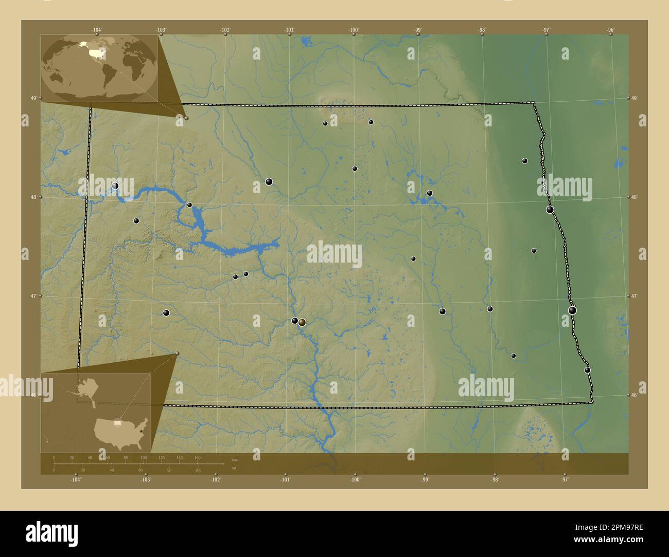 North Dakota, state of United States of America. Colored elevation map