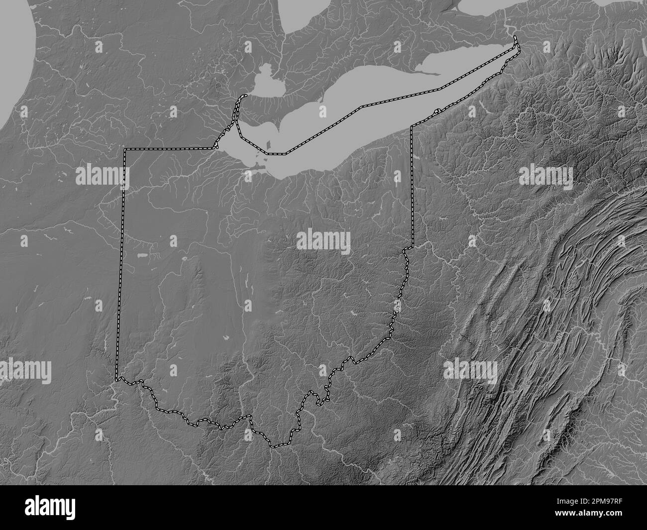 Ohio, state of United States of America. Bilevel elevation map with lakes and rivers Stock Photo