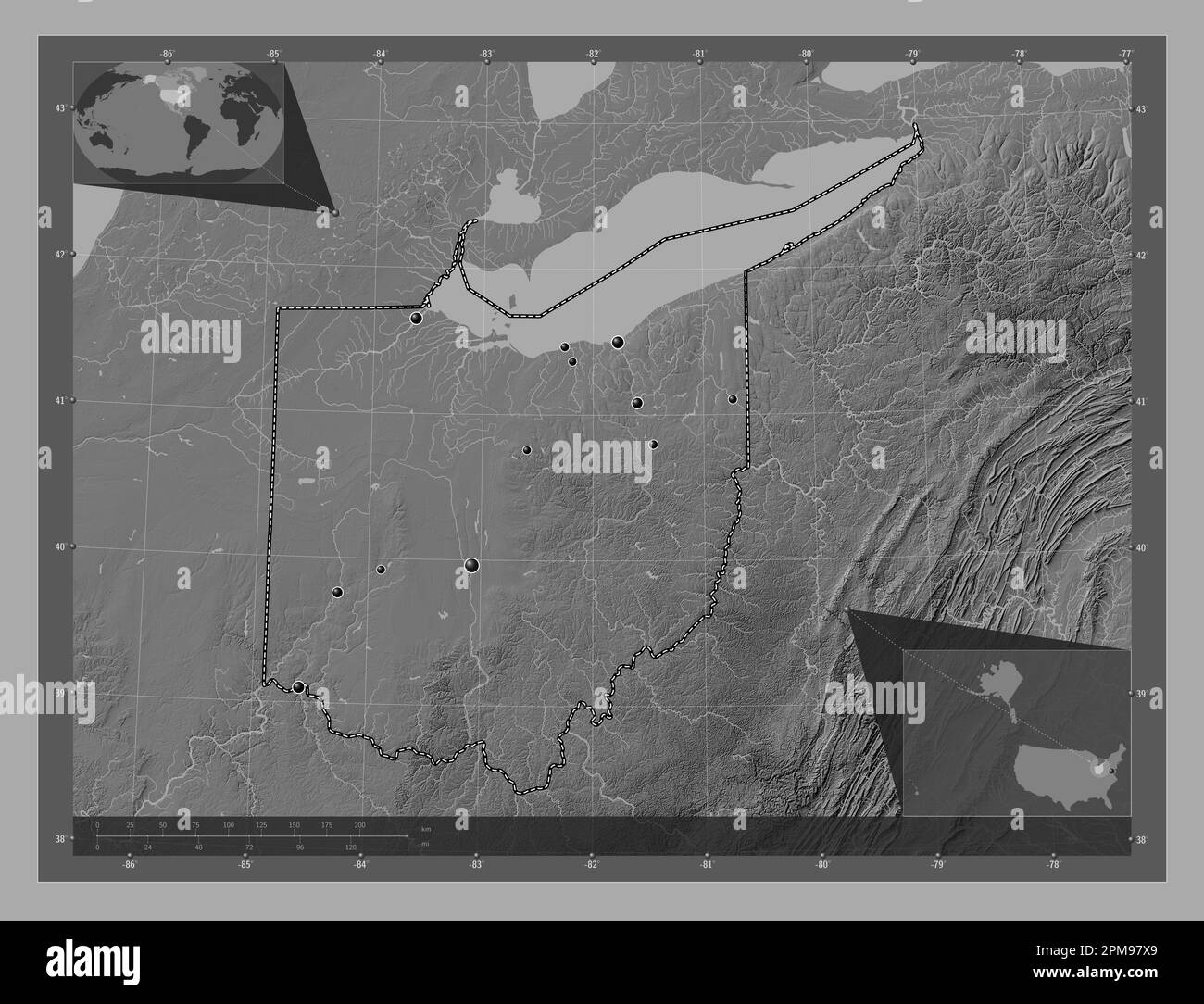 Ohio, state of United States of America. Bilevel elevation map with lakes and rivers. Locations of major cities of the region. Corner auxiliary locati Stock Photo