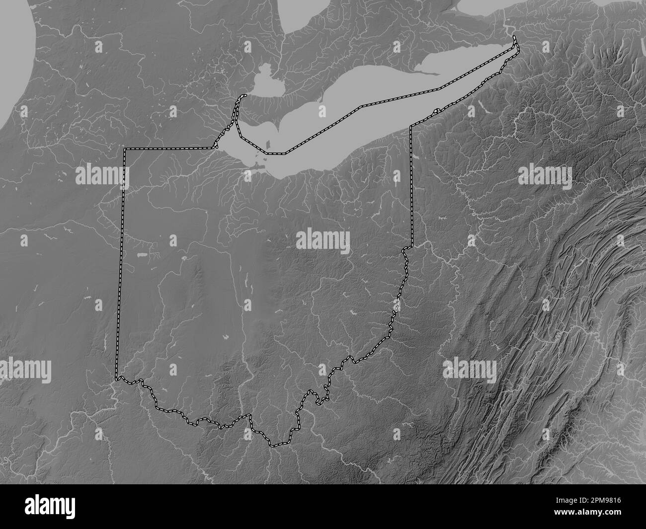 Ohio, state of United States of America. Grayscale elevation map with lakes and rivers Stock Photo