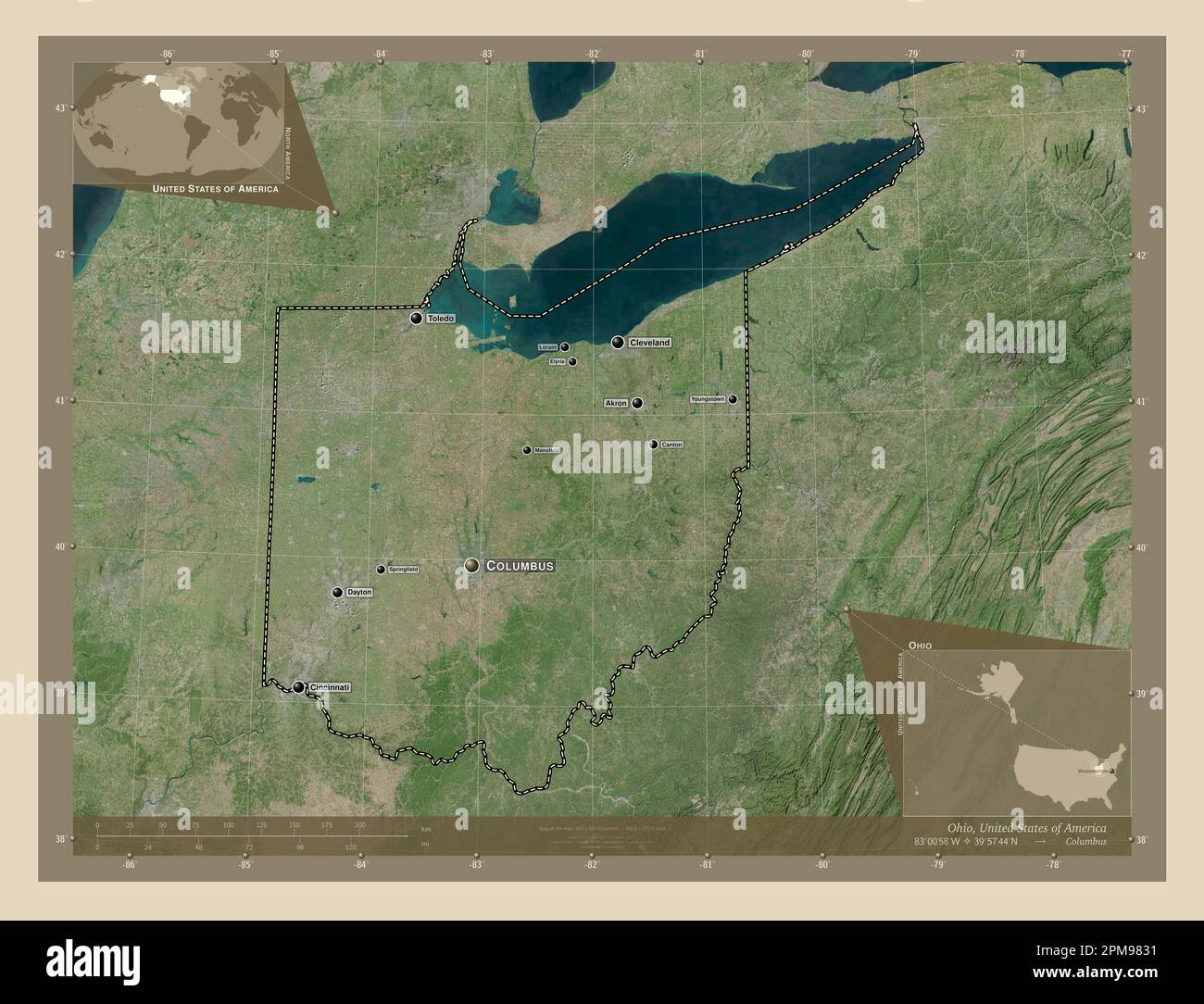 Ohio State Of United States Of America High Resolution Satellite Map Ohio State Of United States Of America High Resolution Satellite Map Locations And Names Of Major Cities Of The Region Corner Auxiliary Location M 2PM9831
