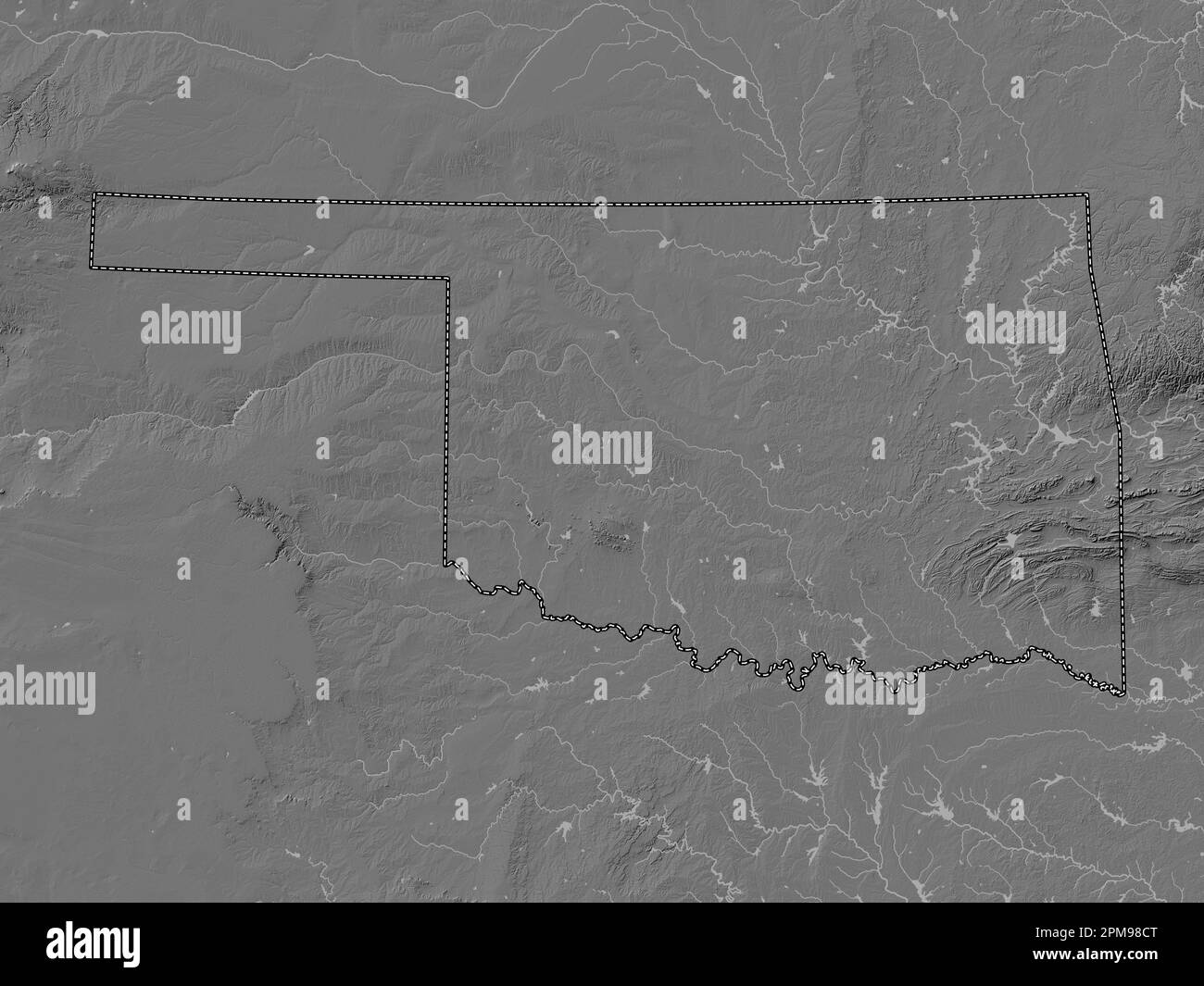 Oklahoma, state of United States of America. Bilevel elevation map with lakes and rivers Stock Photo