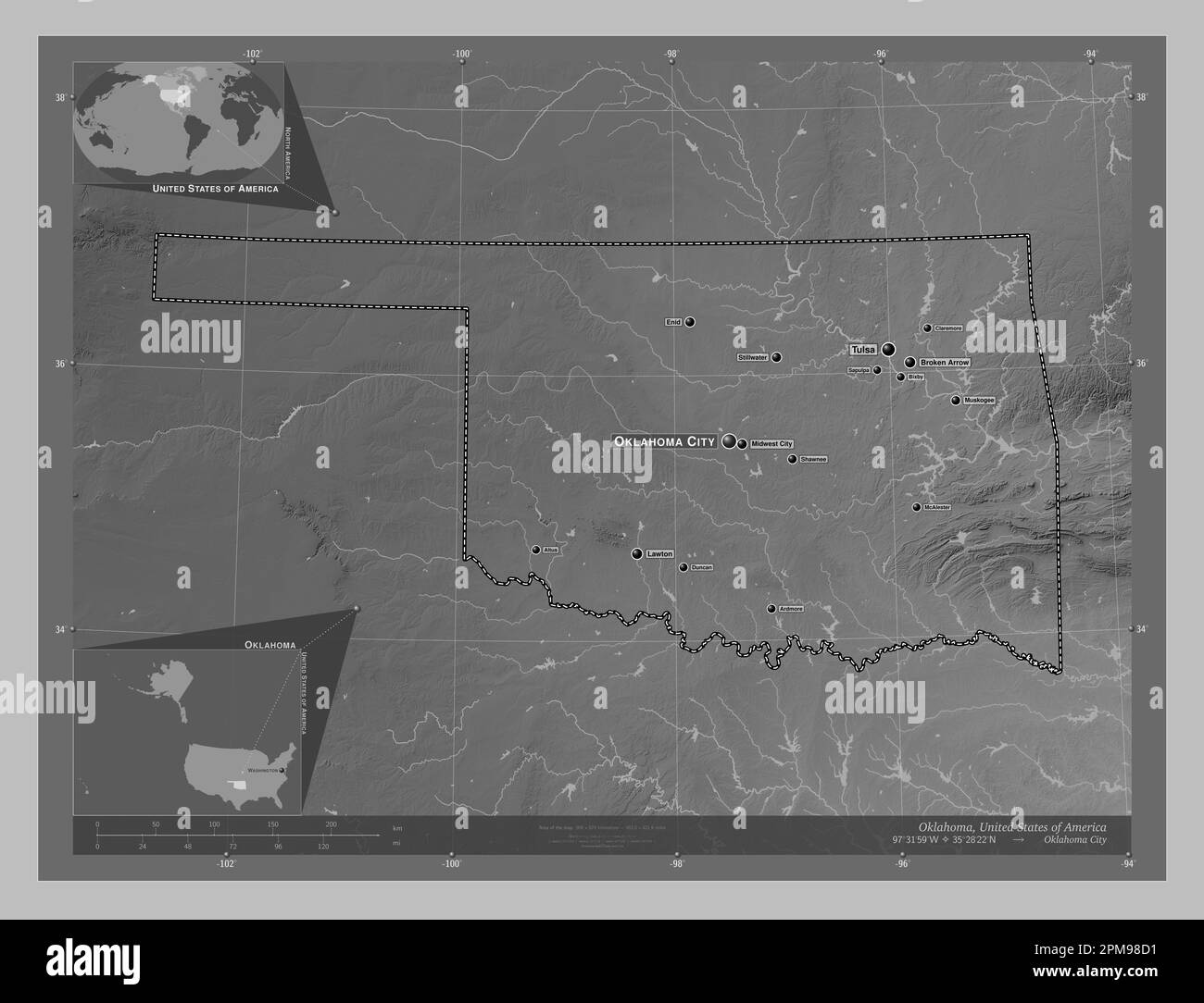 Oklahoma, state of United States of America. Grayscale elevation map with lakes and rivers. Locations and names of major cities of the region. Corner Stock Photo