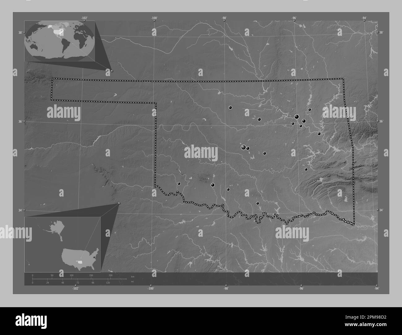 Oklahoma, state of United States of America. Grayscale elevation map with lakes and rivers. Locations of major cities of the region. Corner auxiliary Stock Photo
