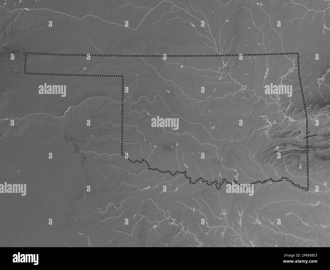 Oklahoma, state of United States of America. Grayscale elevation map with lakes and rivers Stock Photo