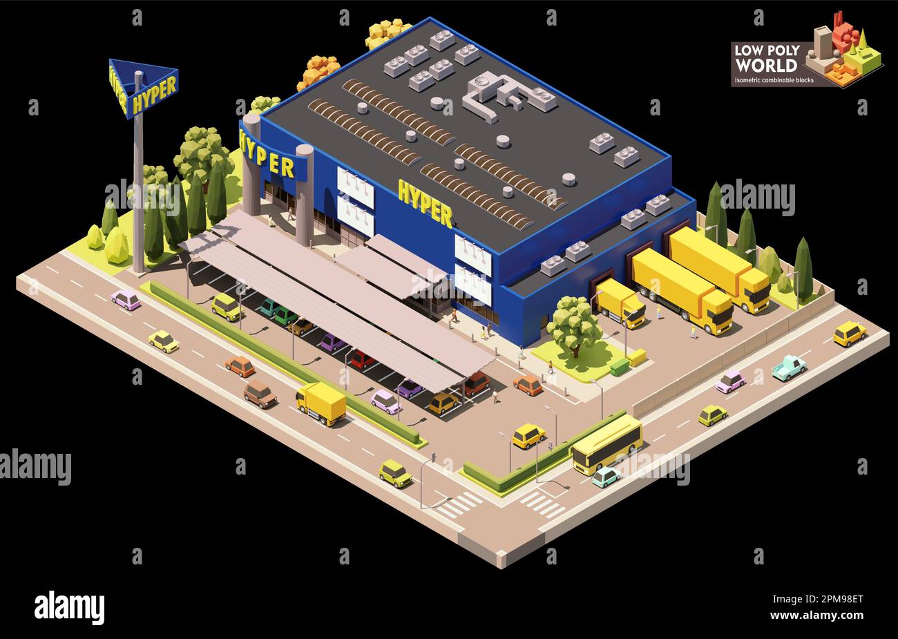 Vector isometric hypermarket building. bigbox store building exterior