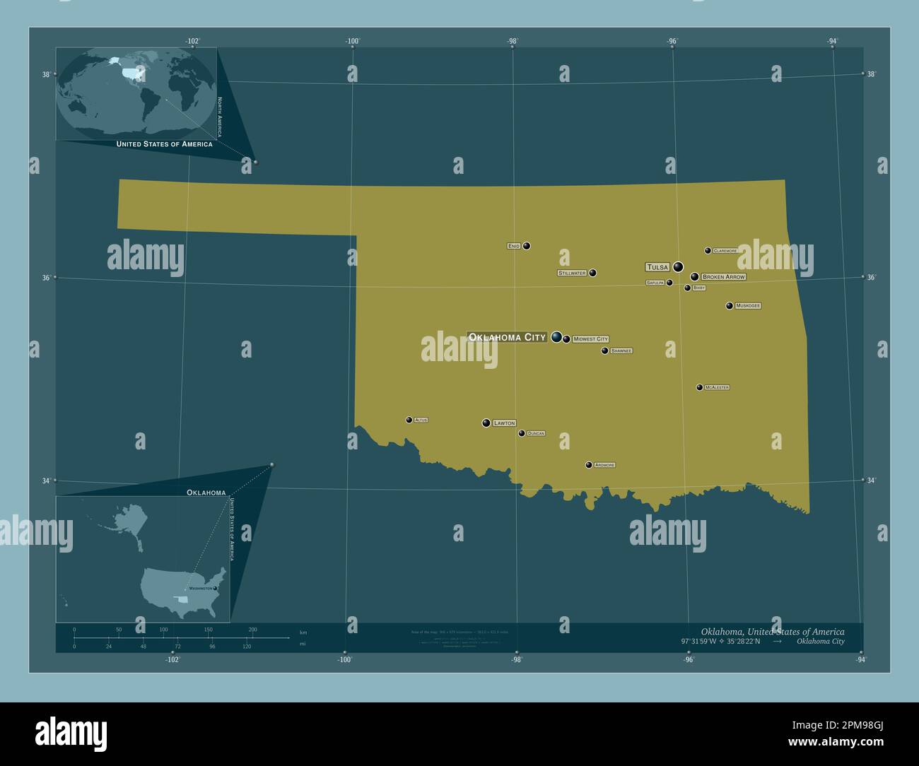 Oklahoma, state of United States of America. Solid color shape. Locations and names of major cities of the region. Corner auxiliary location maps Stock Photo