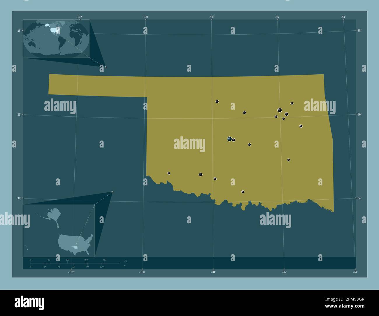 Oklahoma, state of United States of America. Solid color shape. Locations of major cities of the region. Corner auxiliary location maps Stock Photo