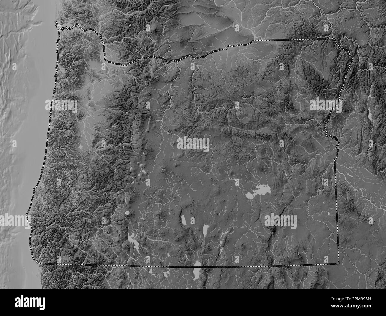 Oregon, state of United States of America. Grayscale elevation map with