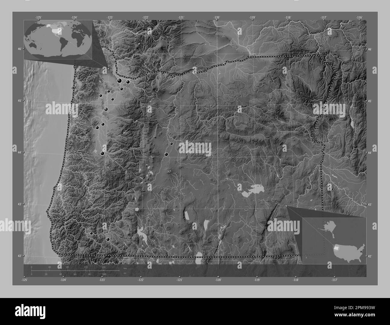Grayscale Topographic Maps - Oregon State Of United States Of America Grayscale Elevation Map With Lakes And Rivers Locations Of Major Cities Of The Region Corner Auxiliary Lo 2PM993W