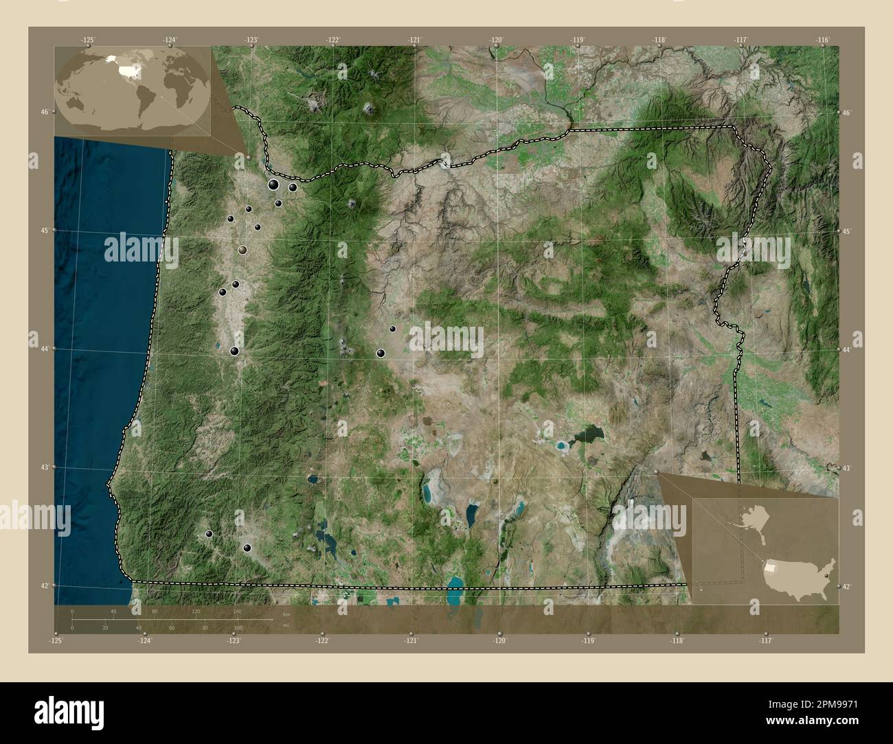Oregon state of United States - Oregon State Of United States Of America High Resolution Satellite Map Locations Of Major Cities Of The Region Corner Auxiliary Location Maps 2PM9971 