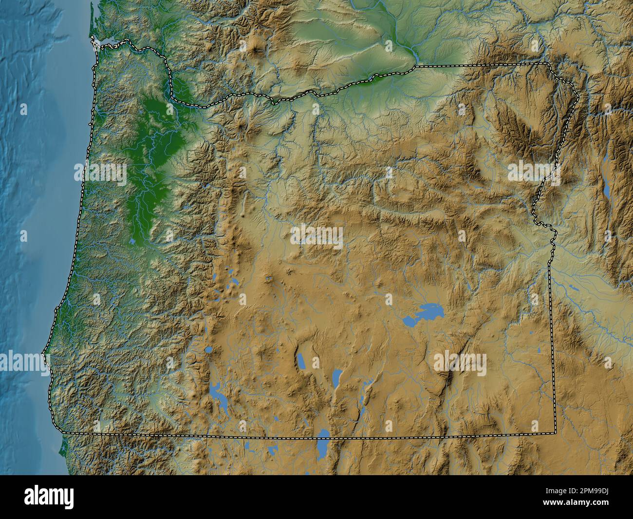 Oregon, state of United States of America. Colored elevation map with