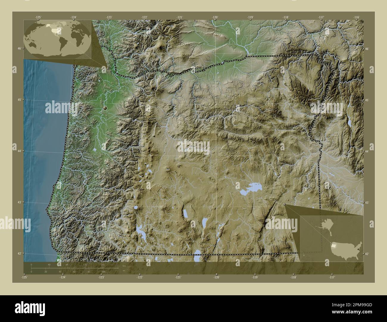 Oregon, state of United States of America. Elevation map colored in wiki  style with lakes and rivers. Corner auxiliary location maps Stock Photo -  Alamy