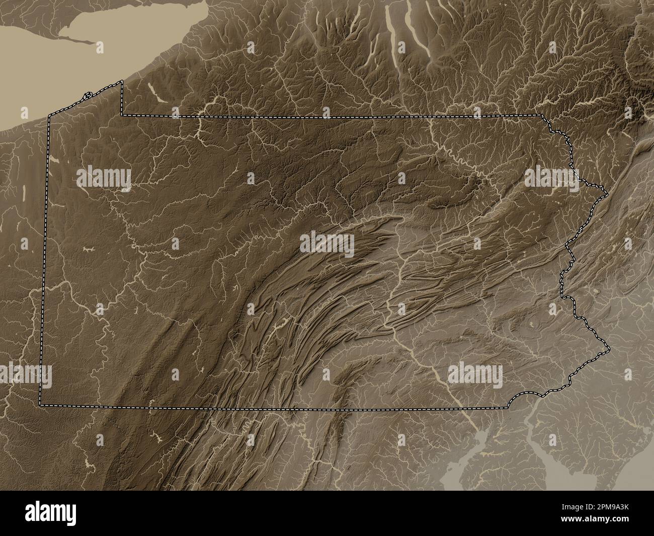 Pennsylvania, state of United States of America. Elevation map colored in sepia tones with lakes