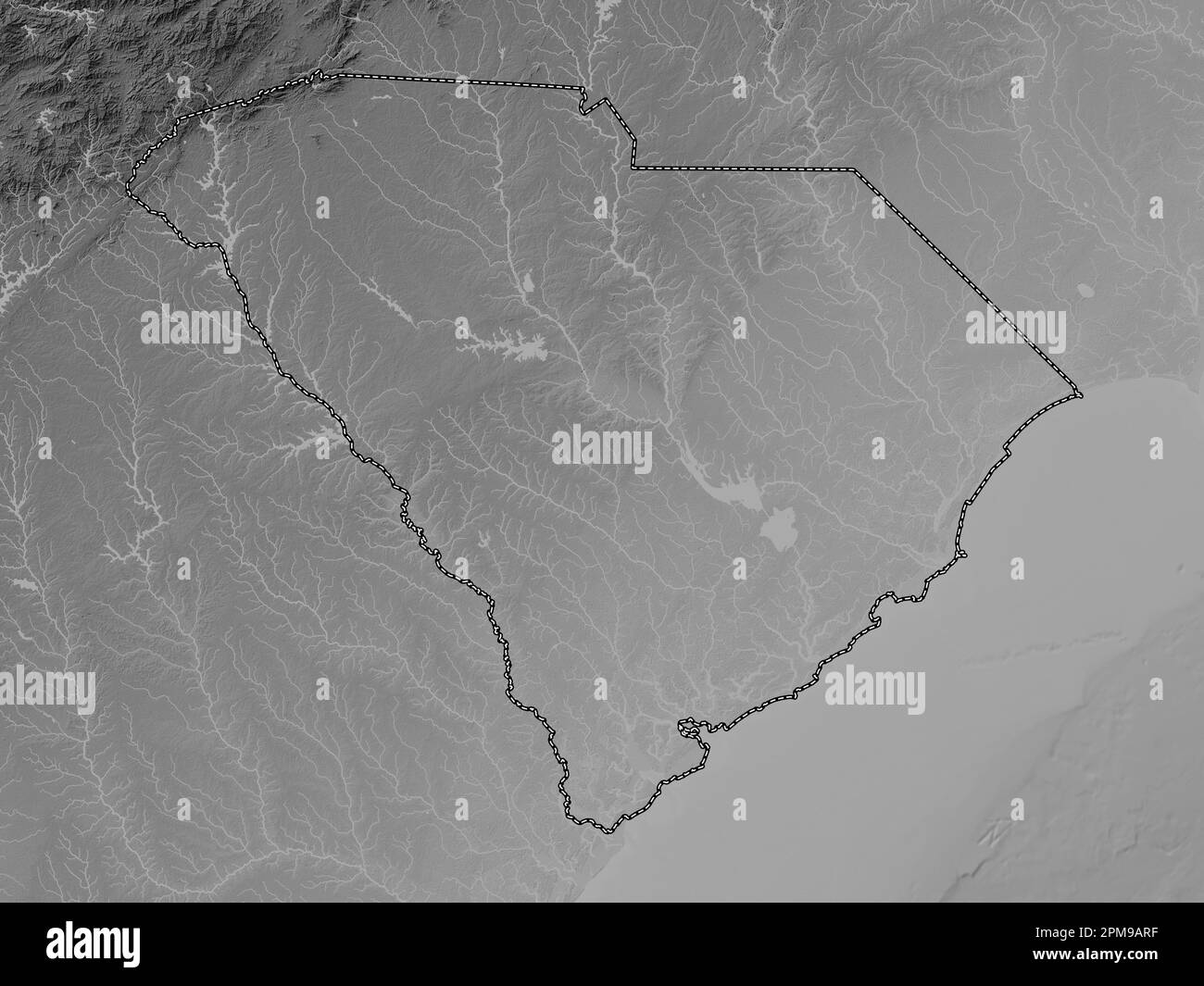 South Carolina, state of United States of America. Grayscale elevation map with lakes and rivers Stock Photo