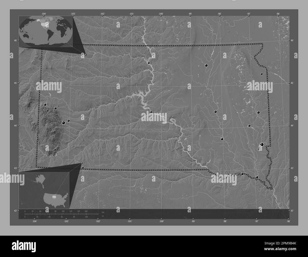 South Dakota, state of United States of America. Bilevel elevation map with lakes and rivers. Locations of major cities of the region. Corner auxiliar Stock Photo