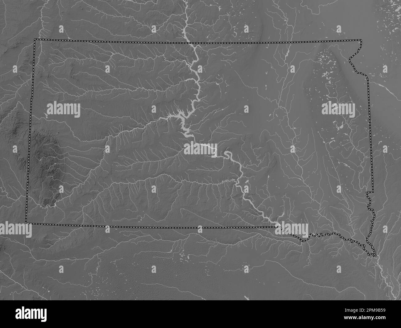 South Dakota, state of United States of America. Grayscale elevation map with lakes and rivers
