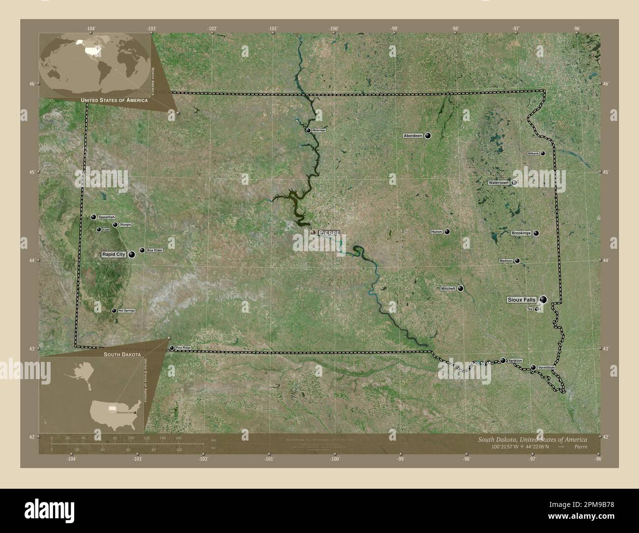 South Dakota state of United States - South Dakota State Of United States Of America High Resolution Satellite Map Locations And Names Of Major Cities Of The Region Corner Auxiliary Lo 2PM9B78 