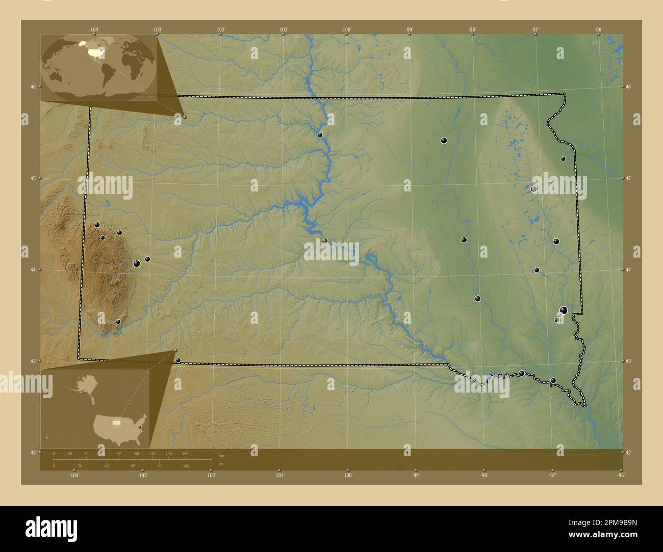 South Dakota, state of United States of America. Colored elevation map with lakes and rivers. Locations of major cities of the region. Corner auxiliar Stock Photo