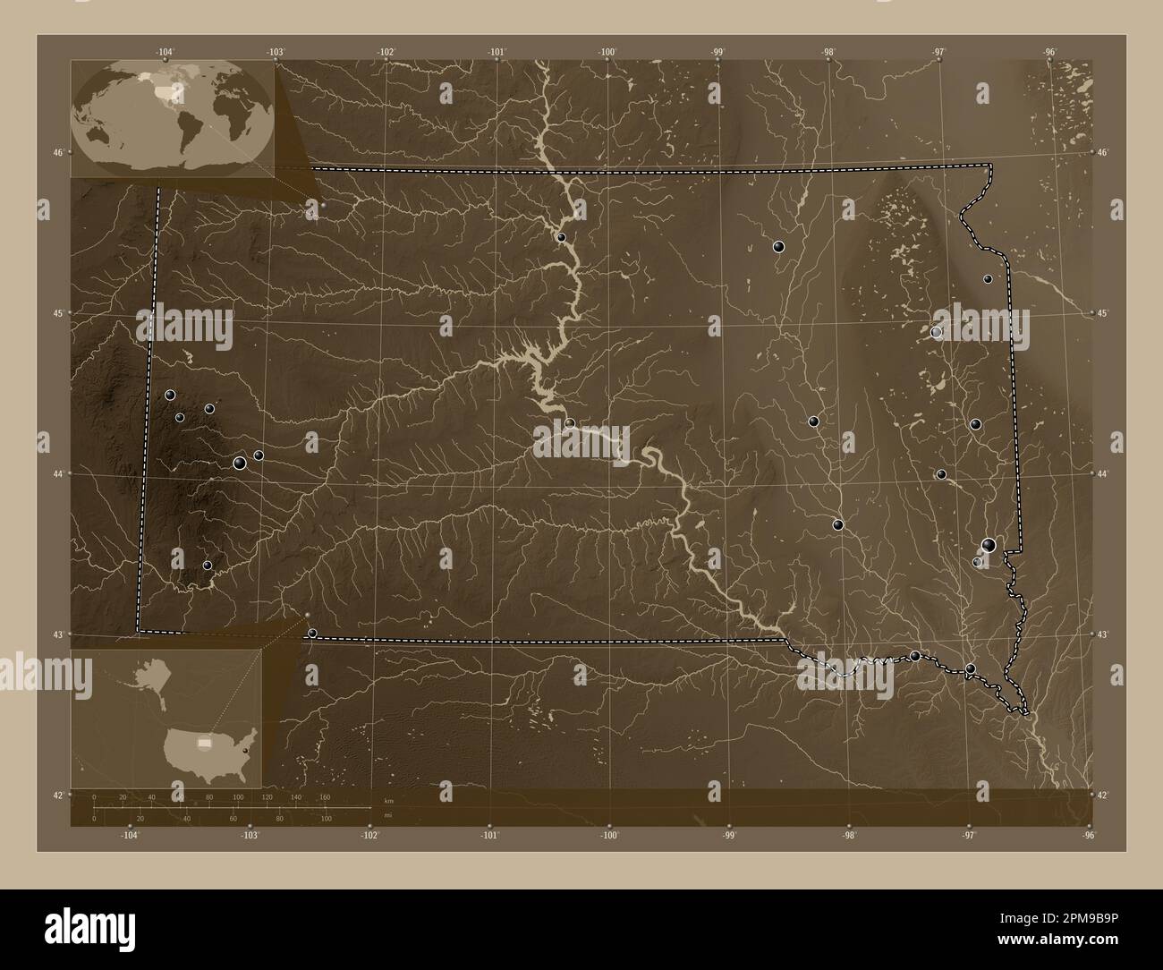 South Dakota, state of United States of America. Elevation map colored ...
