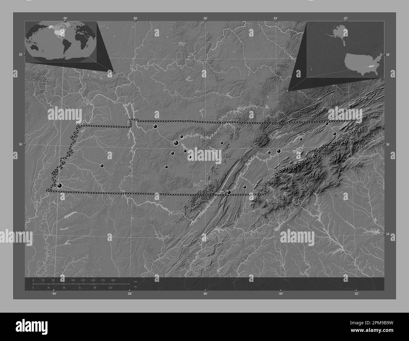 Tennessee, state of United States of America. Bilevel elevation map with lakes and rivers. Locations of major cities of the region. Corner auxiliary l Stock Photo