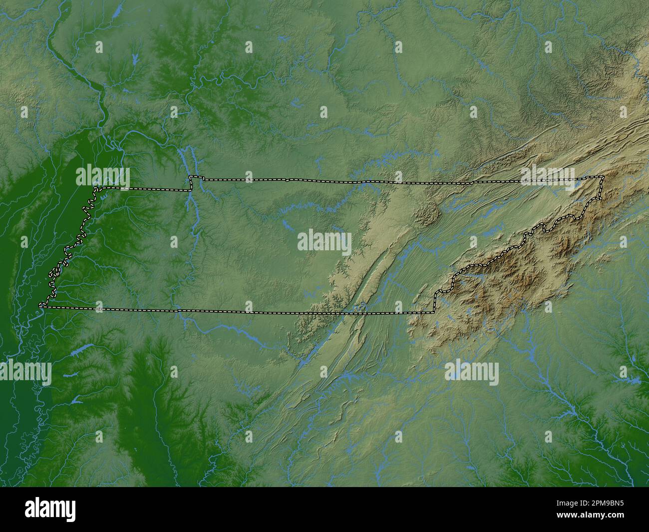 Tennessee, state of United States of America. Colored elevation map with lakes and rivers Stock Photo